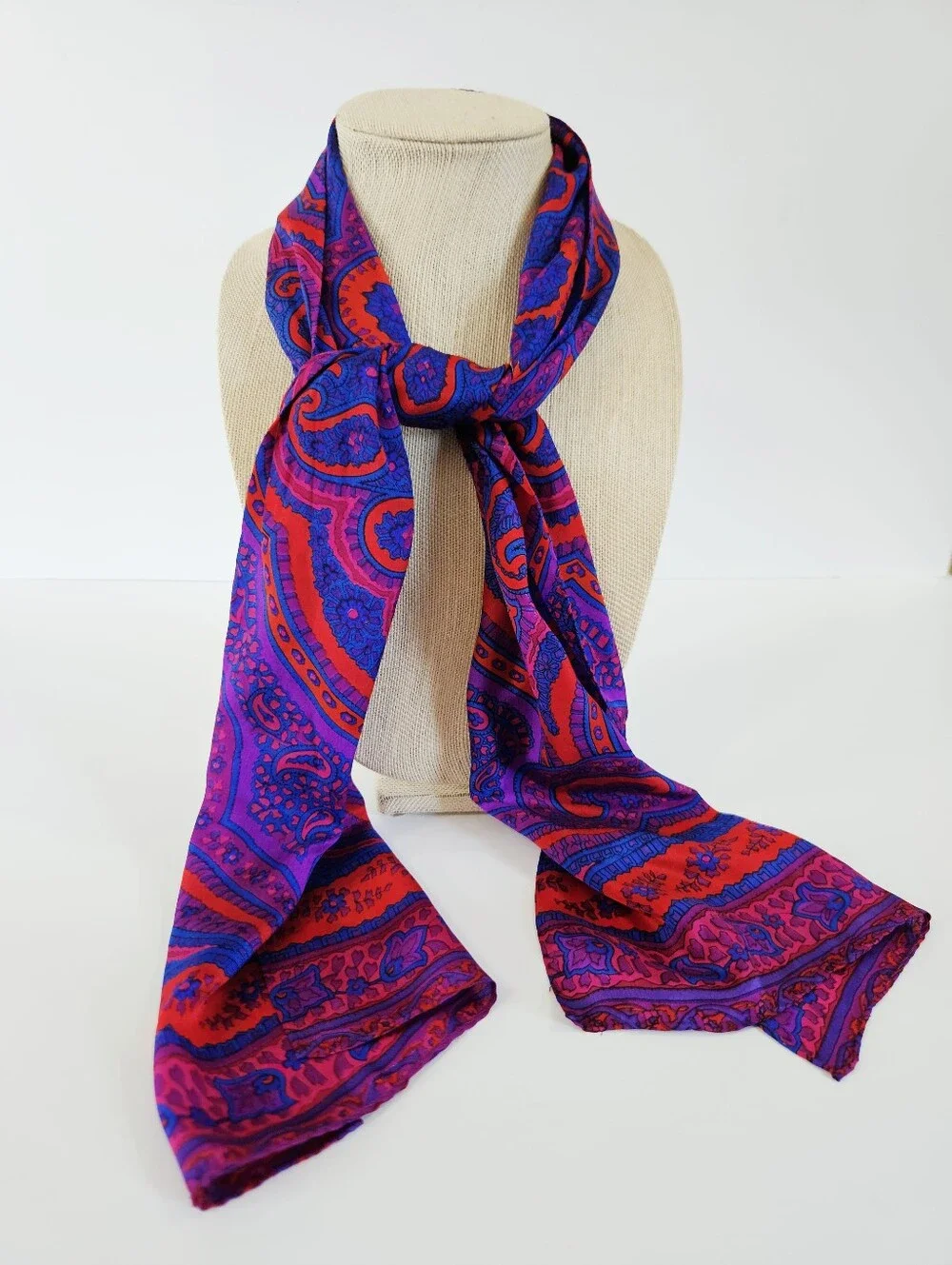 Vintage Vibrant Jewel Tone Paisley Mandela Rolled Edge Long Silk Scarf Foulard